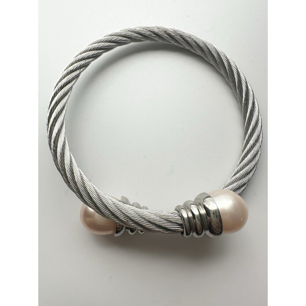 Cultured Freshwater Pearl Bangle Bracelet in Stainless Steel